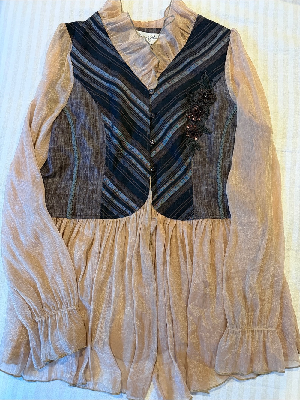 Women’s Sheer Peach Blouse with Striped Bodice, fairy, gothic, whimsical
